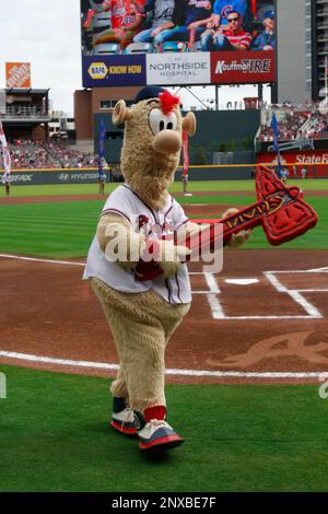 ATLANTA, GA - APRIL 09: Braves mascot Blooper during the Atlanta Braves  2021 season home opener against the Philadelphia Phillies on April 09, 2021  at Truist Park in Atlanta, Georgia. (Photo by