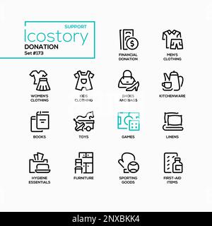 Donation of finances and essentials - line design style icons set Stock Vector