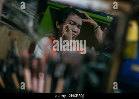 Bogor, Indonesia. 28th Feb, 2023. A blind bride prepares before on a procession wedding during a mass marriage for visually impaired in Bogor, West Java, Indonesia on February 28, 2023. Twelve blind couples got married for free by a social foundation to help economically disadvantaged people with disabilities get legal. (Photo by Andi M Ridwan/INA Photo Agency/Sipa USA) Credit: Sipa USA/Alamy Live News Stock Photo