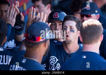 Atlanta Braves' Sean Kazmar Jr., takes batting practice before a spring  training baseball game …