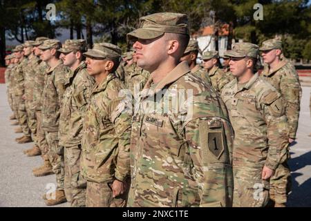 Soldiers assigned to the 2nd Brigade Combat Team, 101st Airborne Division (Air Assault), 1st Combined Arms Battalion, 18th Infantry Regiment, 2nd Armored Brigade Combat Team, 1st Infantry Division and the Hellenic XXV Armored Brigade held the opening ceremony for Exercise Thracian Cooperation-23 on Feb. 10, 2023, at Petrochori Training Area, Greece. Our commitment to defending NATO territory is ironclad and the United States will continue to bolster our posture to better defend our NATO allies. Stock Photo