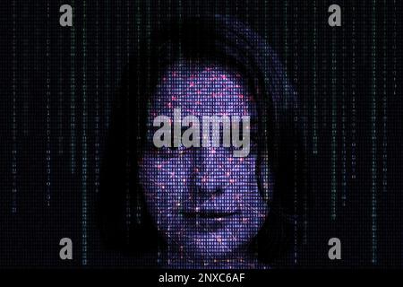 Female face with matrix digital numbers artifical intelligence AI theme with human face. The concept of artificial intelligence. dark background with Stock Photo