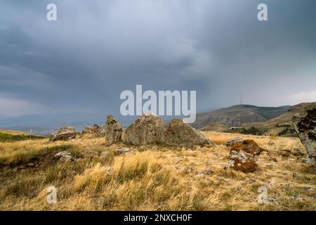 Megalithic structure Zorats Karer in Syunik provibce of Armenia Stock Photo