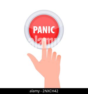 Red button with help text Panic. Hand pressing panic button Stock Vector