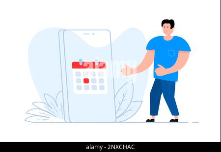 A man stands near the smartphone, on the screen calendar with important deadline date. Planning app Stock Vector
