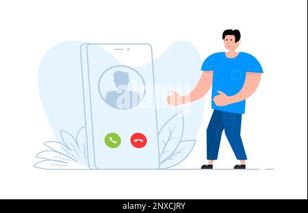 A man stands near the smartphone, on the screen incoming call Stock Vector
