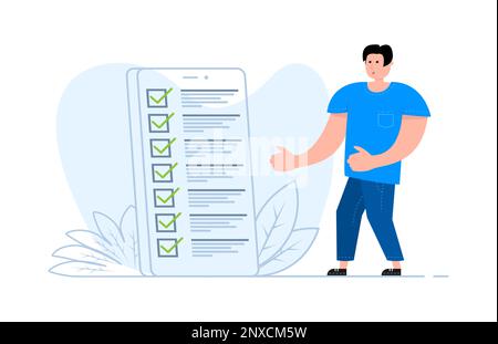 A man stands near the smartphone, on the screen checklist app. Survey, checklist, application form Stock Vector