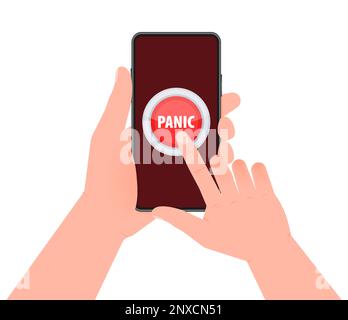 Red button with help text Panic. Hand pressing panic button on smartphone screen Stock Vector