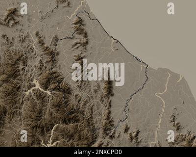 Narathiwat, province of Thailand. Elevation map colored in sepia tones with lakes and rivers Stock Photo