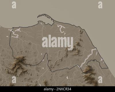 Pattani, province of Thailand. Elevation map colored in sepia tones with lakes and rivers Stock Photo