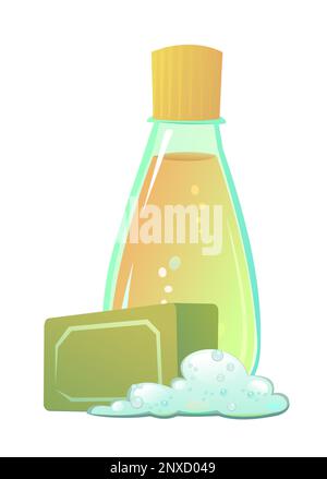 Shampoos and soaps with foam. Still life. Detergent for washing body and objects. Foaming hygiene liquid. Isolated on white background. Vector. Stock Vector