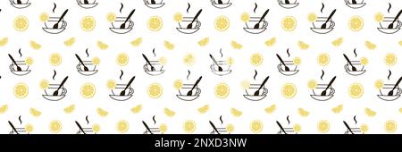 Tea seamless pattern with yellow slices of lemon and a cup with a spoon. Cute background, print for menus, dishes, packaging, covers, napkins, tablecl Stock Vector