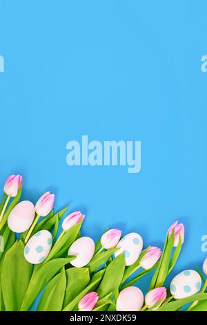 White tulip spring flowers with pink tips and easter eggs on side of blue background with copy space Stock Photo