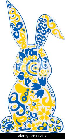 Easter bunny with floral motif ornament in Ukrainian flag colors on transparent background Stock Vector