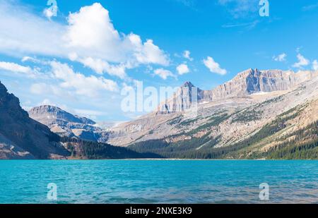 Bow Lake panorama and Rocky Mountains, Banff national park, Alberta, Canada. Stock Photo