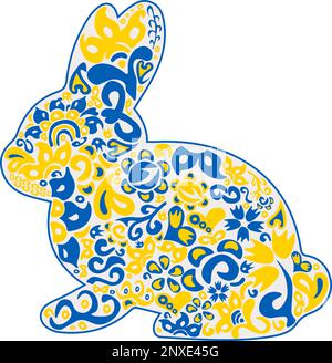 Easter rabbit with floral motif ornament in Ukrainian flag colors on transparent background Stock Vector