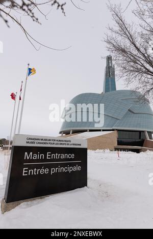 The Canadian Museum for Human RIghts building and sign in Winnipeg, Manitoba, Canada in winter. Stock Photo