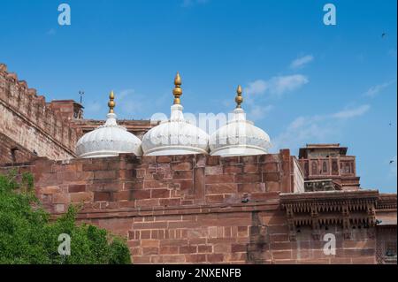 Ancient structures inside Mehrangarh fort, Jodhpur, Rajasthan, India. Famous architecture with intricate carvings and expansive courtyards.Unesco site Stock Photo