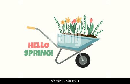 Spring home gardening illustration. Vector colorful tulip and narcissus flowers in wheelbarrow flat style label or logo template with playful Stock Vector