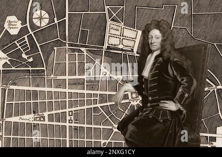 Sir Christopher Michael Wren, 1632 - 1723, English architect, his plan of London after the Great Fire Stock Photo