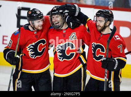 Calgary Flames Troy Brouwer center celebrates his goal with