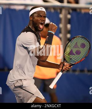 February 22, 2018: Frances Tiafoe, from USA, plays a backhand against Juan  Martin del Potro, from Argentina, during the 2018 Delray Beach Open ATP  professional tennis tournament, played at the Delray Beach