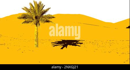 Desert sand dunes and a palm tree. Sahara Desert vector image. Stock Vector