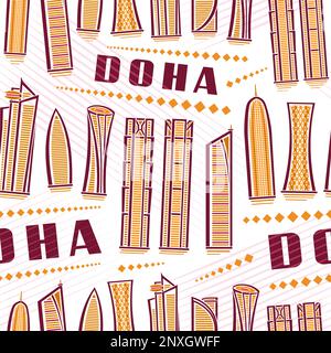 Vector Doha Seamless Pattern, square repeating background with illustration of famous financial doha city scape on white background for wrapping paper Stock Vector