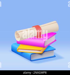 3D Graduation Diploma and Stack of Books Stock Vector