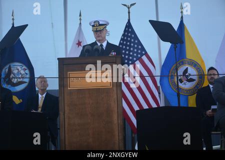 Rear Adm. Michael Wettlaufer, Commander, Military Sealift Command addresses the audience, at the christening ceremony of MSC's newest fleet replenishment oiler USNS Earl Warren (T-AO 207), at the NASSCO, General Dynamics Shipyard in San Diego. Stock Photo