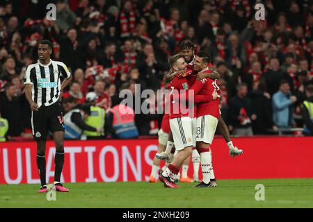 Manchester United's Luke Shaw, Fred and Casemiro celebrate after winning the Carabao Cup Final between Manchester United and Newcastle United at Wembley Stadium, London on Sunday 26th February 2023. (Photo: Mark Fletcher | MI News) Credit: MI News & Sport /Alamy Live News Stock Photo