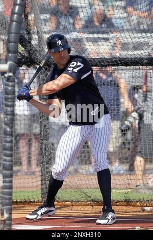 TAMPA, FL - MARCH 16: New York Yankees DH Giancarlo Stanton (27) at bat  during the Yankees spring training workout on March 16, 2022, at  Steinbrenner Field in Tampa, FL. (Photo by