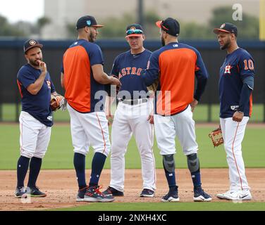 WEST PALM BEACH, FL - FEBRUARY 18: Houston Astros Manager A.J. Hinch (14)  speaks with media during a Houston Astros spring training workout at The  Ballpark of the Palm Beaches in West