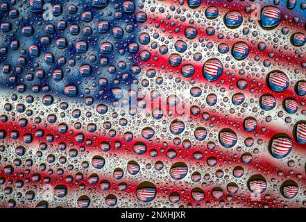 Water drops over a colorful aAmerica Flag background Stock Photo