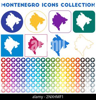 Montenegro icons collection. Bright colorful trendy map icons. Modern Montenegro badge with country map. Vector illustration. Stock Vector