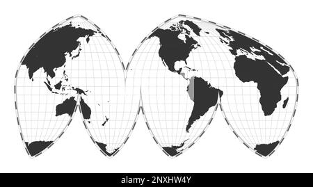 Vector world map. Bogg's interrupted eumorphic projection. Plain world geographical map with latitude and longitude lines. Centered to 120deg E longit Stock Vector