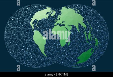 World map connection. Rectangular Polyconic projection. Green low poly world map with network background. Stock Vector