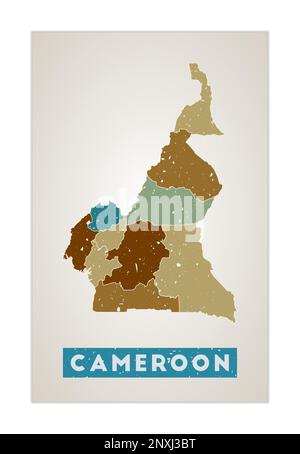 Cameroon map. Country poster with regions. Old grunge texture. Shape of Cameroon with country name. Powerful vector illustration. Stock Vector