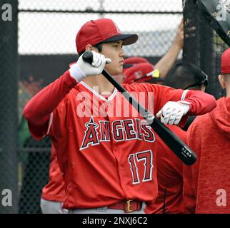 Shohei Ohtani attends a workout of the Los Angeles Angels' spring