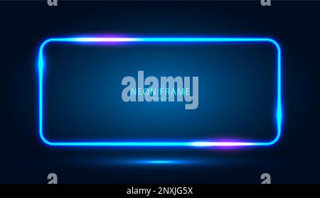 Neon rectangular frame with shining effects on a dark blue background. Stock Vector