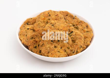 Namkeen Kasuri Methi Masala Mathri Also Called Namkin Fenugreek Matthi, Mathiya, Mathi, Farsi Poori, Farsan, Pharsaṇ, Mathari Is Famous Tea Time Snack Stock Photo