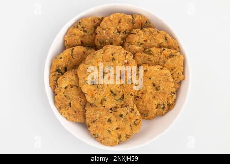 Namkeen Kasuri Methi Masala Mathri Also Called Namkin Fenugreek Matthi, Mathiya, Mathi, Farsi Poori, Farsan, Pharsaṇ, Mathari Is Famous Tea Time Snack Stock Photo