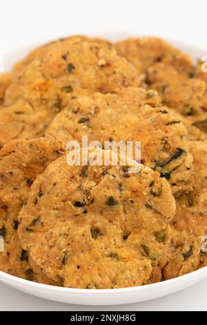 Namkeen Kasuri Methi Masala Mathri Also Called Namkin Fenugreek Matthi, Mathiya, Mathi, Farsi Poori, Farsan, Pharsaṇ, Mathari Is Famous Tea Time Snack Stock Photo