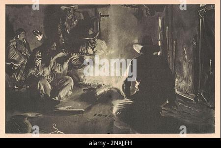 Black and white illustration shows the American Indian and the white men by the fire. Drawing shows life in the Old West. Vintage black and white picture shows adventure life in the previous century. Stock Photo