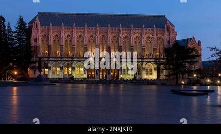 Suzzallo Library and Red Square at University of Washington in Seattle, WA at Night Stock Photo