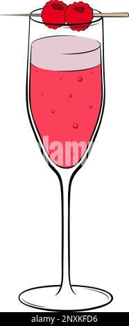 Classic French Kiss cocktail with fresh raspberry. Sparkling wine with raspberry liquor vector illustration Stock Vector