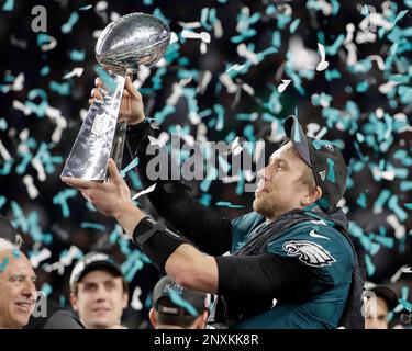 Philadelphia Eagles' Nick Foles holds up the Vince Lombardi Trophy