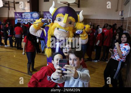 MINNEAPOLIS, MN - DECEMBER 24: Minnesota Vikings mascot Viktor The Viking  displays his Christmas outfit during a game between the Minnesota Vikings  and New York Giants on December 24, 2022, at U.S.