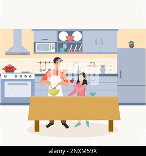 Family cooking.  Father and kid girl preparing healthy food at home together. Dinner together in modern kitchen vector flat illustration.  Concept of Stock Photo