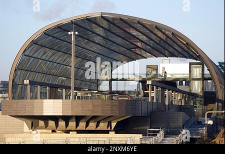 Hamburg, Germany. 06th Feb, 2023. The Elbbrücken subway station on line 4 at the northern end of the Freihafen Bridge. Credit: Soeren Stache/dpa/Alamy Live News Stock Photo